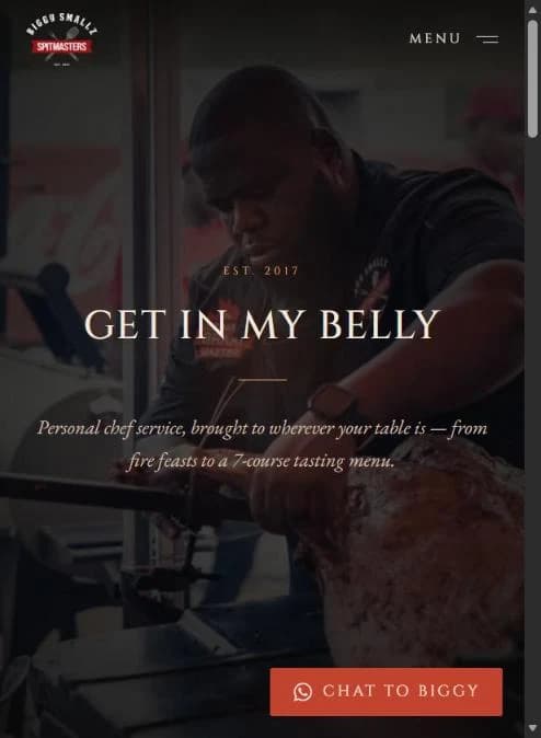 Biggy Smallz on mobile: the 'Get in my belly' hero on a phone, logo and menu up top over the lamb-carving photo.