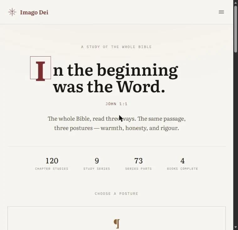 Imago Dei home page: a warm paper-toned editorial hero reading “In the beginning was the Word,” with study stats and reading postures below.
